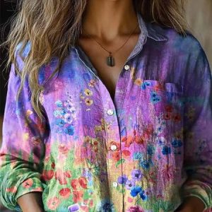 Loose Gradient Pattern Casual Shawl Collar Shirt, Blouses, Lilicloth.com