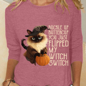 Women's Halloween Buckle Up Buttercup You Just Flipped My Witch Switch Print Witch Pumpkin Cat Casual Long Sleeve Shirt, Long sleeves, Lilicloth.com