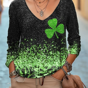 Ladies St. Patrick's Day leopard-print Clover Art Print casual V-neck long sleeve T-shirt, Long sleeves, Lilicloth.com