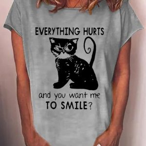 Women's Funny Everything Hurts Cat Letters Print Loose T-Shirt, T-shirts, Lilicloth.com