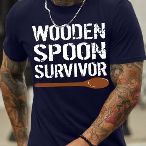 Men's Wooden Spoon Survivor Funny Graphic Print Text Letters Cotton Casual T-Shirt, T-shirts, Lilicloth.com