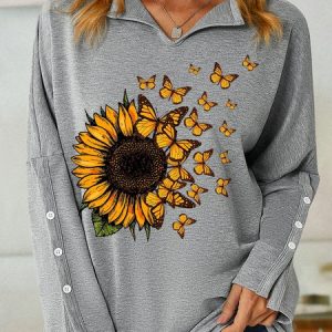 Womens Butterfly Sunflowers Print Casual Sweatshirt, Hoodies&Sweatshirts, Lilicloth.com