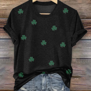Casual Shamrock Crew Neck Short Sleeve T-shirt, T-shirts, color:Black|size:5XL, catalog Noracora shop