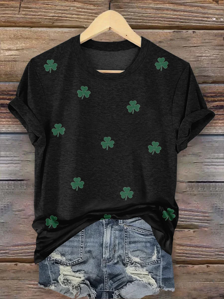 Women's St. Patrick's Day Shamrock Print Short Sleeve T-Shirt, T-shirts, Lilicloth.com