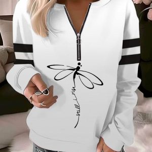Dragonfly print contrasting women's casual long sleeved zipper sweatshirt, Hoodies&Sweatshirts, Lilicloth.com