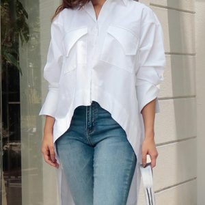 Turn-down Collar Three Quarters Dip Hem Front Button Blouse with Pocket Casual Shirt, women Blouses & Shirts, ChicMe catalog