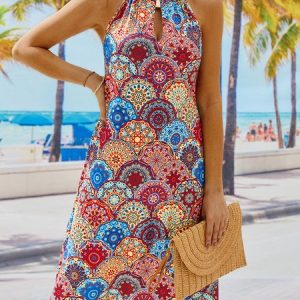 Casual Printed Hippie Sleeveless Halter Dress, Short, color:Multicolor|size:XXL, catalog Noracora shop