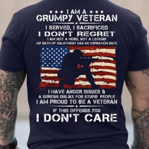 Men's I Am A Grumpy Veteran I Served I Sacrificed I Don't Regret I Am Not A Hero Not A Legend I Don't Care Funny Graphic Printing Cotton America Flag Loose Casual T-Shirt, T-shirts, Lilicloth.com