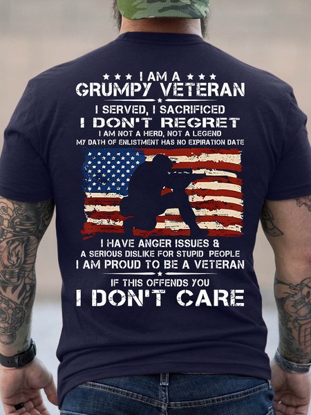 Men's I Am A Grumpy Veteran I Served I Sacrificed I Don't Regret I Am Not A Hero Not A Legend I Don't Care Funny Graphic Printing Cotton America Flag Loose Casual T-Shirt, T-shirts, Lilicloth.com