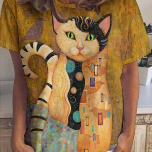 Women's Retro Funny Cat Crew Neck Loose Simple T-Shirt, T-shirts, Lilicloth.com