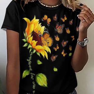 Sunflower And Butterfly Women's Short Sleeve T-Shirt, T-shirts, Lilicloth.com