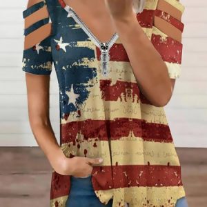 Casual USA Flag Casual Short Sleeve Top, Blouses, Lilicloth.com