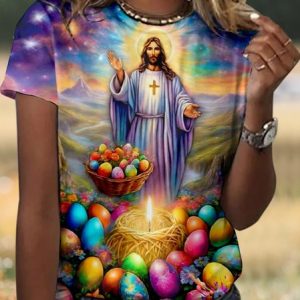 Casual Easter Eggs Floral Crew Neck Short Sleeve T-shirt, T-shirts, color:Purple|size:4XL, catalog Noracora shop