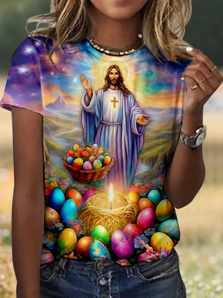 Women's Floral Short Sleeve Tee T-shirt Crew Neck Casual Summer Top, JustFashionNow T-Shirts, color:Purple|size:4XL,