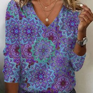 Casual Ethnic V Neck Long Sleeve T-shirt, T-shirts, color:Purple|size:XXL, catalog Noracora shop