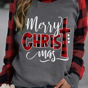 Christmas  Cotton Blends Grid Casual Sweatshirts, Hoodies&Sweatshirts, Lilicloth.com