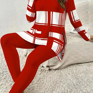 Women's Printing Plaid Daily Going Out Two Piece Set Long Sleeve Casual Spring/Fall Top With Pants Matching Set, JustFashionNow Suit Set, color:Red|size:XXL,