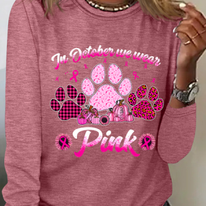 Breast Cancer Awareness Dog Paw Print Casual Long Sleeve Shirt, Long sleeves, Lilicloth.com
