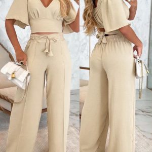 2 Pieces Outfits V Neck Short Bell Sleeve Ruched Top and Casual Pocket Design Drawstring Pants Set, women Two-piece Sets, ChicMe catalog
