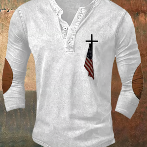 Men's Vintage Flag Cross Cotton Henley Shirt, T-shirts, Lilicloth.com