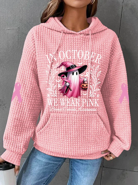 Women's In October We Wear Pink Halloween Ghost Breast Cancer Awareness Warrior Waffle Hoodie, Hoodies&Sweatshirts, Lilicloth.com
