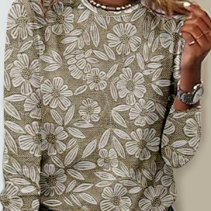 Vintage 3D Floral Printing Crew Neck Long Sleeve T-shirt, T-shirts, color:Oatmeal|size:XXL, catalog Noracora shop