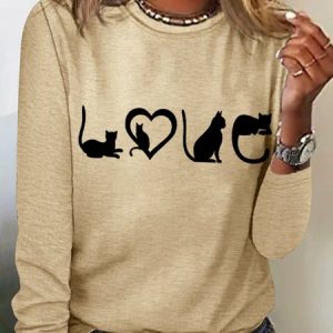 Women‘s Love Cat Cotton-Blend Heart Crew Neck Simple Long Sleeve Top, Long sleeves, Lilicloth.com