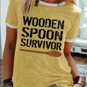 Women's Wooden Spoon Survivor Funny Graphic Printing Casual Crew Neck Regular Fit Cotton-Blend T-Shirt, T-shirts, Lilicloth.com