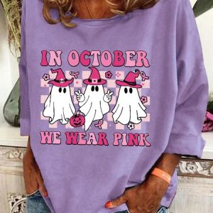 In October We Wear Pink Wizard Ghosts Breast Cancer Awareness Halloween Casual Sweatshirt, Hoodies&Sweatshirts, Lilicloth.com