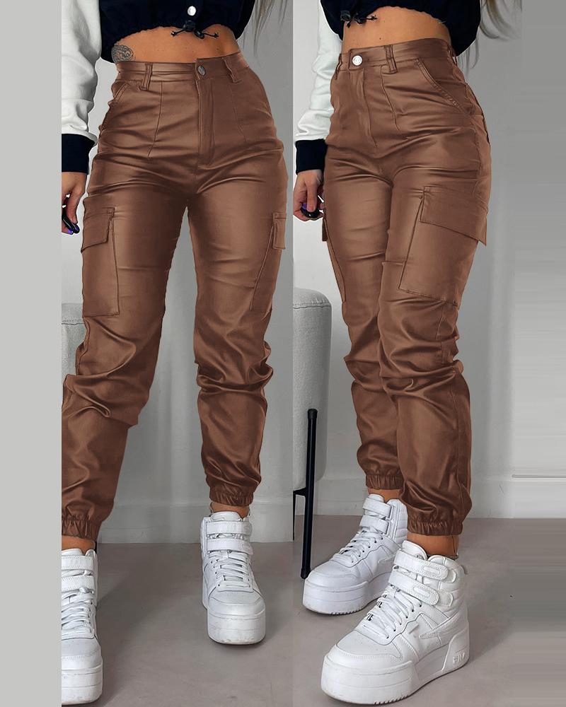 Pocket Design Cuffed PU Leather Pants, women Pants, ChicMe catalog