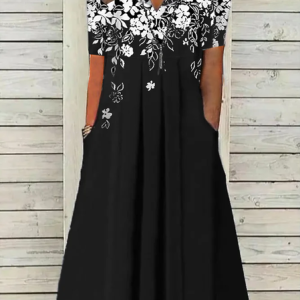 Women Floral Short Sleeve Summer Printing Dress V Neck Daily Casual Maxi Fit & Flare Dress H-Line Dress, JustFashionNow Casual Dresses, color:Black|size:3XL,