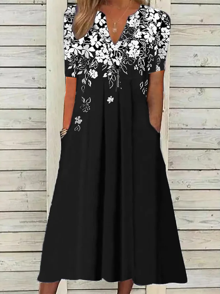 Women Floral Short Sleeve Summer Printing Dress V Neck Daily Casual Maxi Fit & Flare Dress H-Line Dress, JustFashionNow Casual Dresses, color:Black|size:3XL,