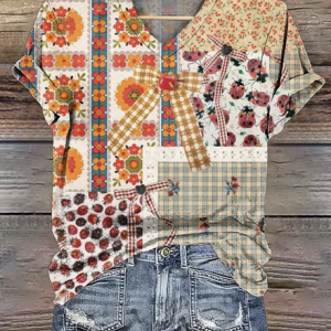 Casual Vintage Floral Art Print V Neck Short Sleeve T-shirt, T-shirts, color:As Picture|size:4XL, catalog Noracora shop