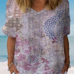 Women's Short Sleeve Blouse Summer Floral Cotton Crew Neck Daily Going Out Casual Top, JustFashionNow Blouses, color:Pink|size:XXL,