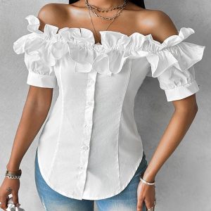 Ruffles Off Shoulder Short Sleeve Button Front Blouse Asymmetrical Hem Top, women Blouses & Shirts, ChicMe catalog