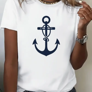 Women's Anchor Short Sleeve Tee T-shirt Crew Neck Printing Casual Summer Graphic Tee Top, JustFashionNow T-Shirts, color:White|size:XXL