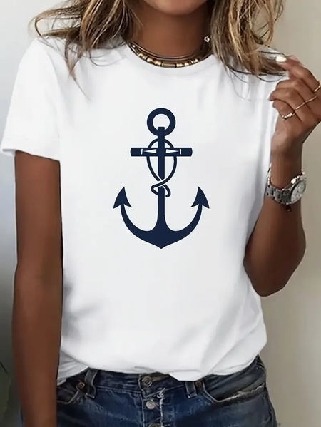 Women's Anchor Short Sleeve Tee T-shirt Crew Neck Printing Casual Summer Graphic Tee Top, JustFashionNow T-Shirts, color:White|size:XXL