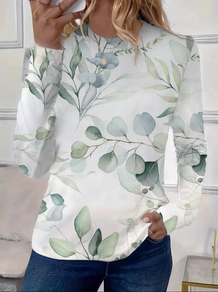 Women's Floral Long Sleeve Tee T-shirt Crew Neck Printing Casual Spring/Fall Top, JustFashionNow T-Shirts, color:White|size:XXL,