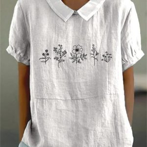 Women Floral Half Sleeve Blouse Summer Shawl Collar Daily Casual Top, JustFashionNow Shirts, color:White|size:4XL,