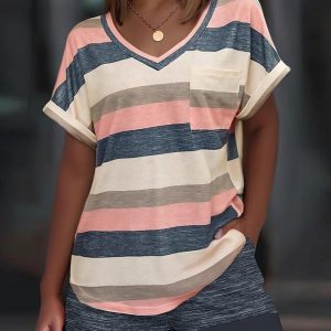 2 Pieces Outfit Colorful Striped Print V Neck Pocket Design Top and Casual Shorts with Pockets, women Two-piece Sets, ChicMe catalog