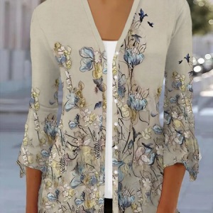 Women's Floral Spring/Fall Cover-up Casual Printing Lightweight Cardigan, JustFashionNow Cardigans, color:Khaki|size:XXL,