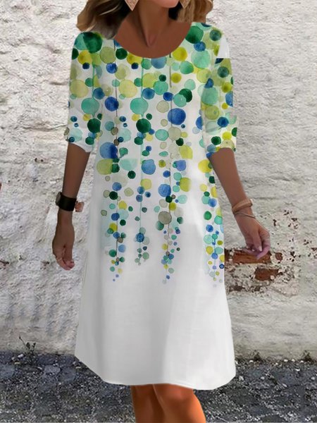 Women's Long Sleeve Spring/Fall Polka Dots Jersey Dress Crew Neck Daily Going Out Casual Mini H-Line T-Shirt Dress, JustFashionNow Dresses, color:Green|size:XXL,
