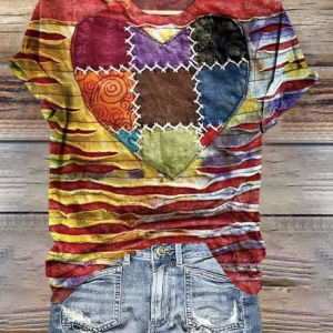 Vintage Heart Pattern Print V Neck Short Sleeve T-shirt, T-shirts, color:Red|size:4XL, catalog Noracora shop