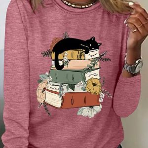 Cat Book Casual Long Sleeve Shirt, Long sleeves, Lilicloth.com
