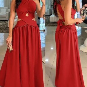 Halter Sleeveless Tied Detail Shirred Criss Cross Flared Dress Glamorous Evening Dress, women Maxi Dresses, ChicMe catalog