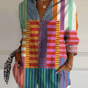 Shirt Collar Long Sleeve Geometric Regular Micro-Elasticity Regular Fit Shirt For Women, Shirts, color:Multicolor|size:4XL, catalog Noracora shop