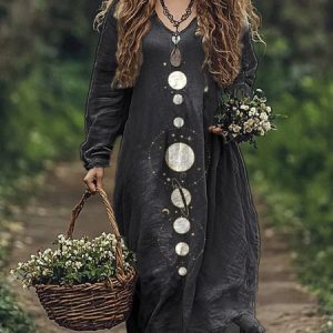 Women's Long Sleeve Spring/Fall Starry Sky Jersey Dress V Neck Daily Going Out Casual Maxi A-Line T-Shirt Dress, JustFashionNow Dresses, color:Black|size:XXL,