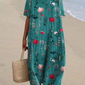 Women Floral Crew Neck Half Sleeve Comfy Casual Maxi Dress, Maxi, color:Blue|size:3XL, catalog Noracora shop