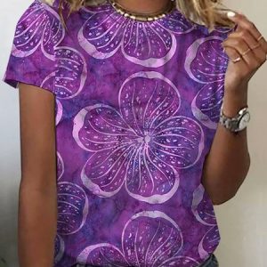 Women's Short Sleeve Tee T-shirt Summer Floral Crew Neck Casual Top, JustFashionNow T-Shirts, color:Purple|size:XXL