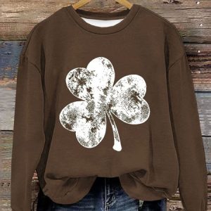 Women's Four-leaf Clover Crew Neck Casual Spring/Fall Long Sleeve Sweatshirt, JustFashionNow Sweatshirts & Hoodies, color:Brown|size:3XL,